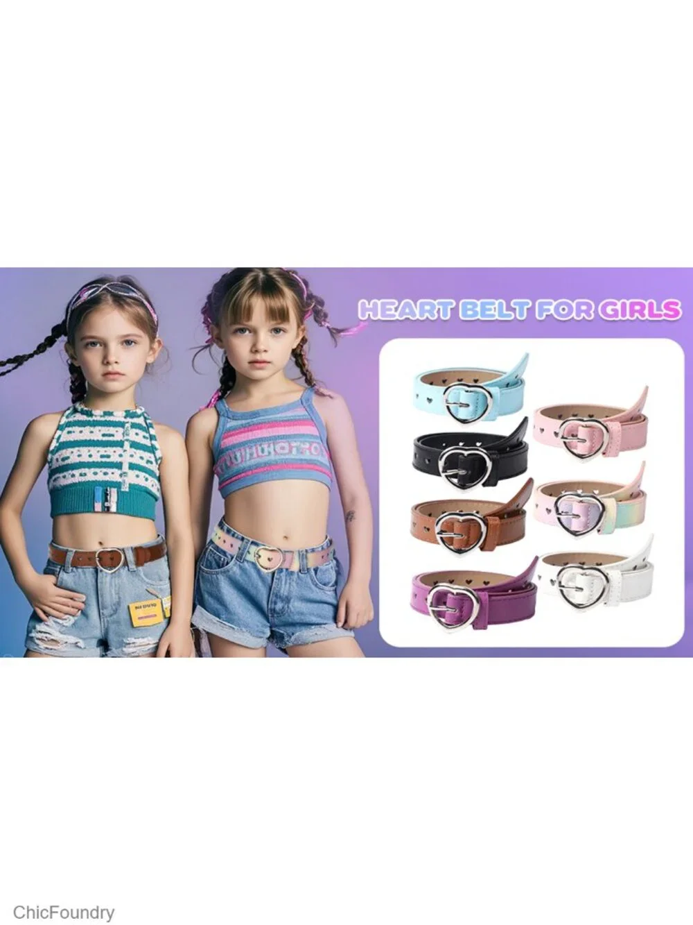 Girls Leather Belts 5 Pack Heart Buckle Adjustable PU Leather Stretch Belt